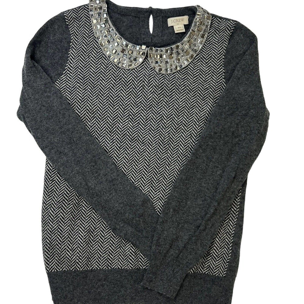 J Crew Gray Jewel Collar Herringbone Sweater Size XS Bling Merino Wool